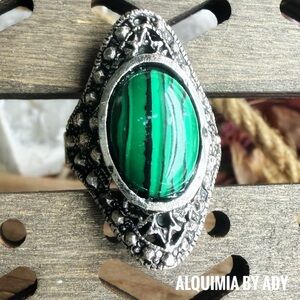 Statement silver malachite adjustable band ring